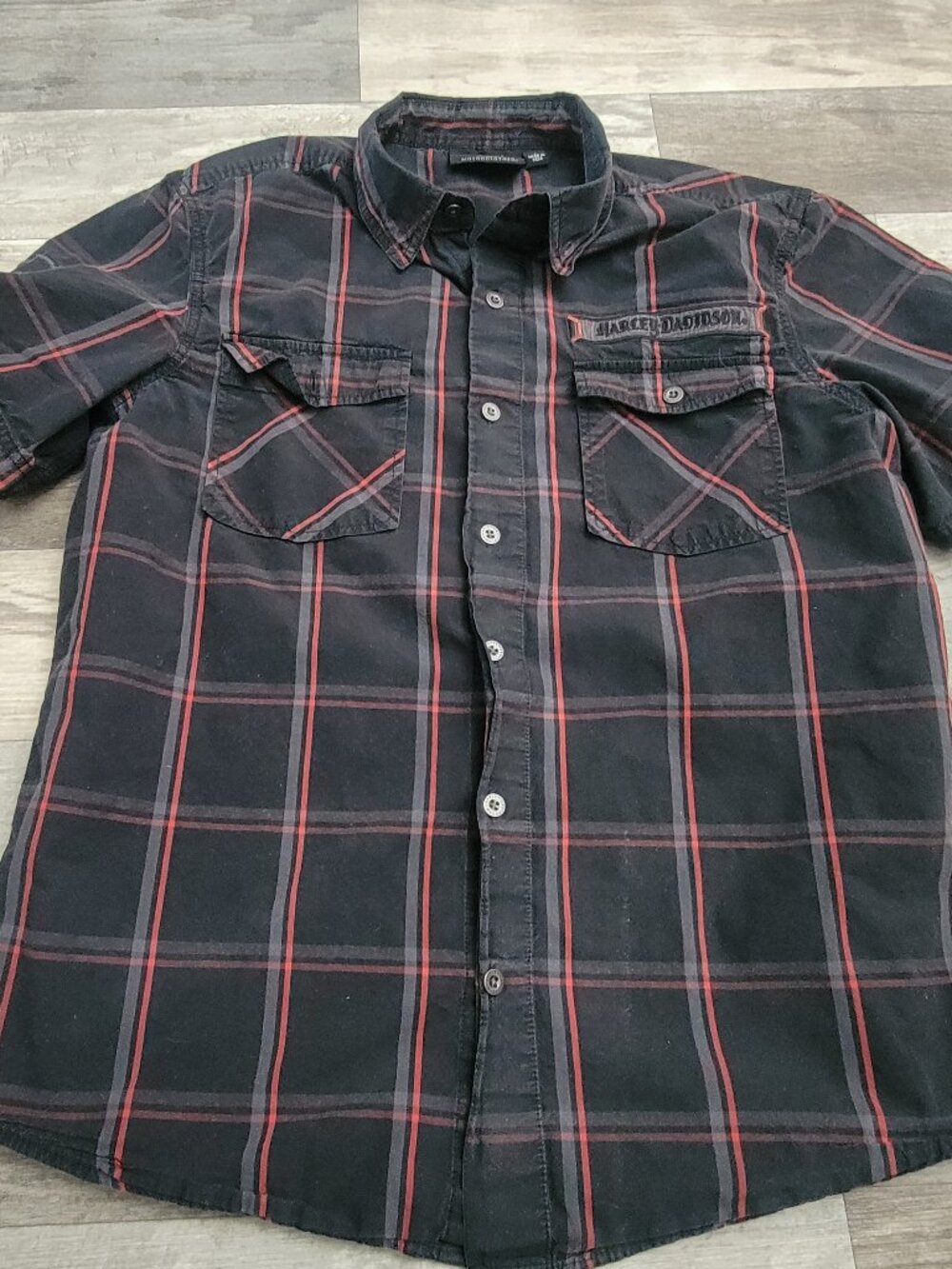 Harley Davidson Motorcycle Biker Mechanic Shirt Plaid Black Men's Large